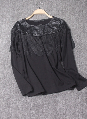 欧洲站2024春秋新款时尚打底衫女上衣羊皮拼接流苏修身长袖T恤