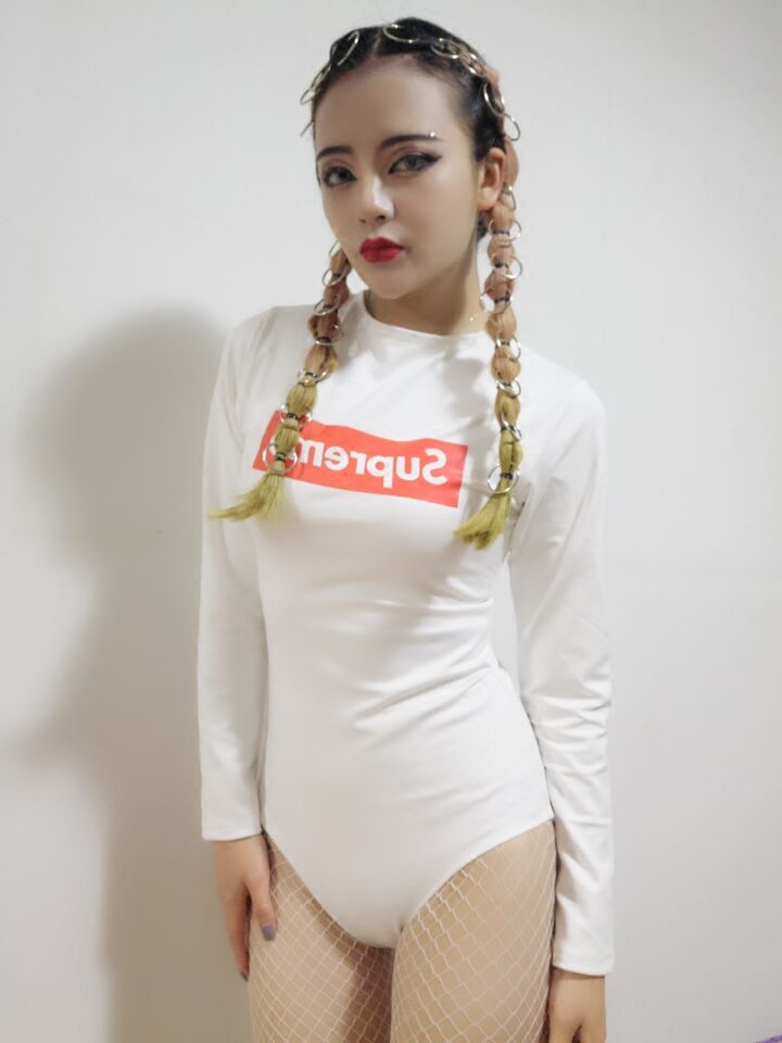 夜店酒吧DJ女歌手DS演出服新款舞台爵士舞摄影啦啦队服白色连体