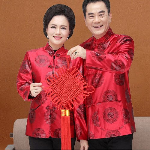 新款缎面唐装上衣中老年情侣装春