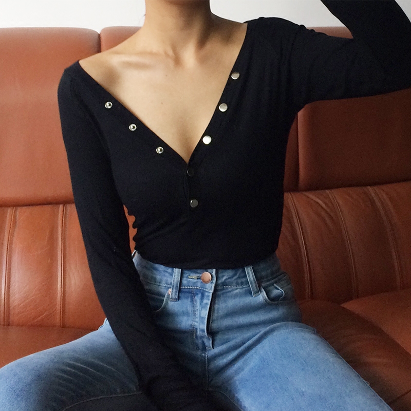 BERAN 欧美V领两穿胸前系扣单排扣纯色百搭螺纹长袖打底T恤上衣