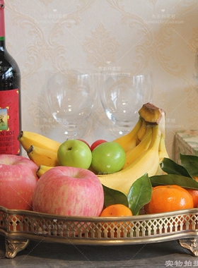 欧式原瓶复古黄铜干红葡萄酒雕花托盘水果盘轻奢家居工艺装饰摆件