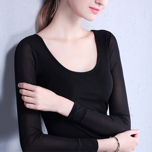 黑色全透明网纱打底衫女长袖薄款超弹力 性感透视上衣 前后u领t恤