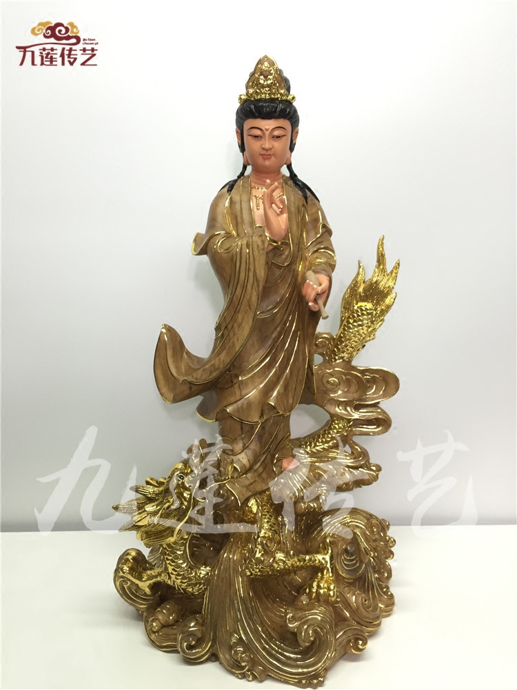 木雕佛像站龙观音菩萨惠安传艺木雕樟木精雕描金40cm家居供奉摆件