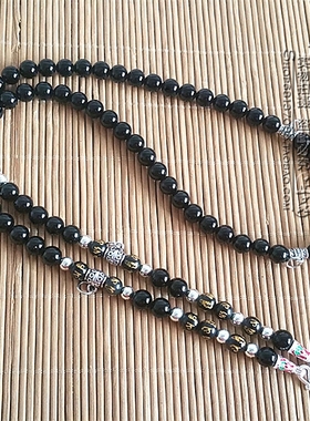 黑玛瑙银色六字真言挂链可定制