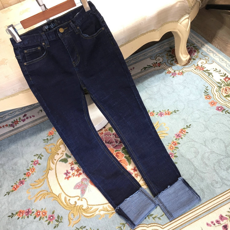 韩国春夏女韩版弹力修身显瘦高腰挽边卷边牛仔裤直筒裤九分裤长裤