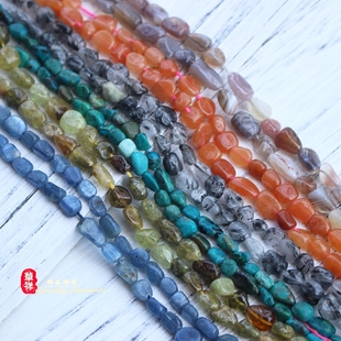 天然蓝绿松石 6*8mm直孔蓝晶黄石榴石黑发晶红东陵玛瑙随形石散珠