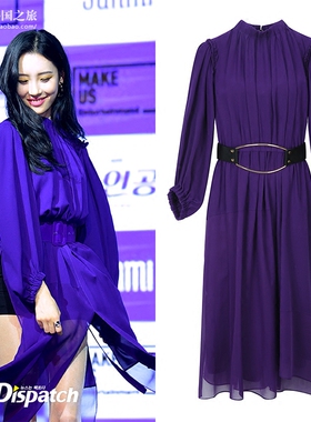 韩国正品代购直发 michaa 宣美 同款开叉流苏高腰腰带飘逸连衣裙