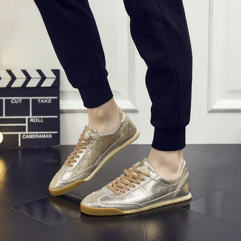 春秋韩版潮鞋男士运动漆皮裂纹皮