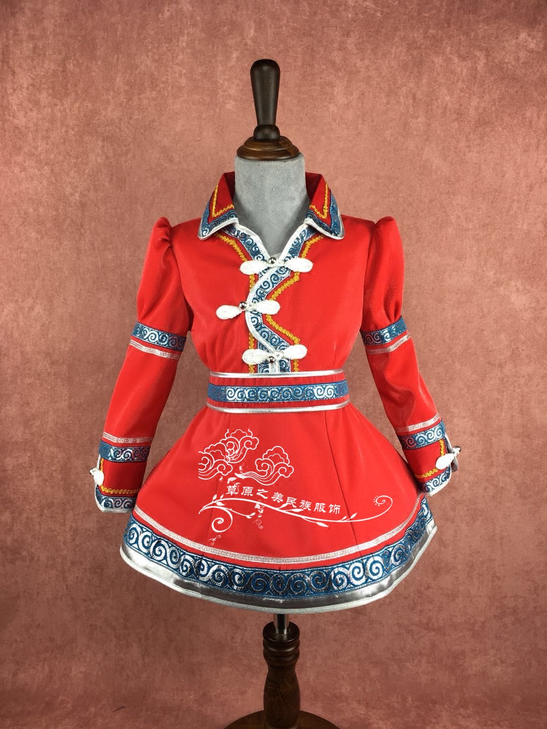 新款六一儿童蒙古袍演出舞蹈服女童短款大摆裙蒙古服装表演服饰