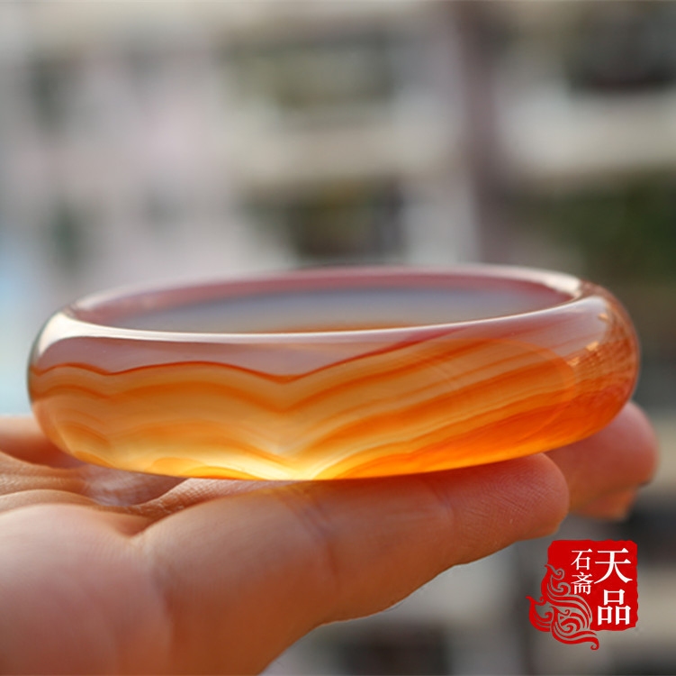 天然巴西原色冰透俏色蜜糖色朱砂玉髓玛瑙手镯内径54mm-58mm