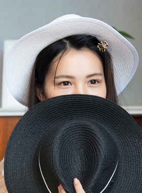 夏季遮阳草帽女 巴拿马草帽英伦女百搭编织礼帽潮防晒沙滩度假帽