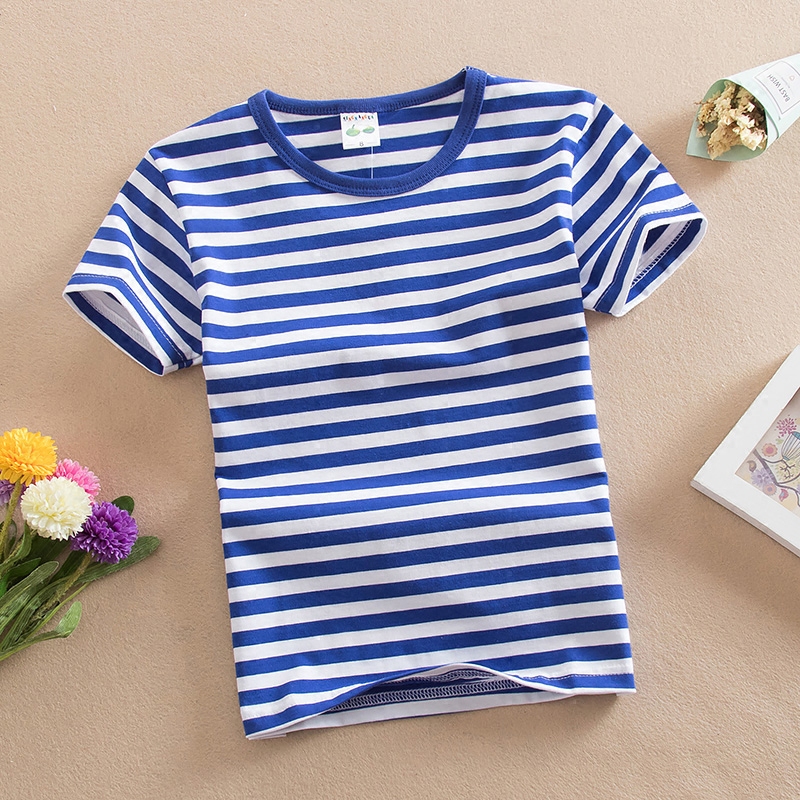 童装夏季海魂衫短袖t恤休闲条纹圆领海军风男女童纯棉t恤男孩半袖