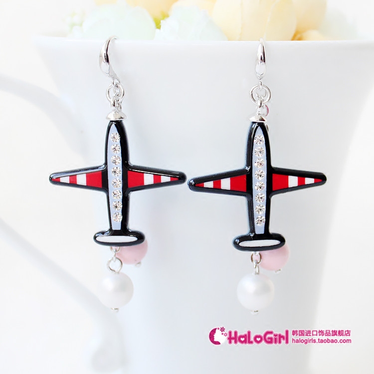 韩国水钻飞机耳饰珍珠