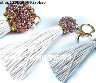 Z2 钥匙扣挂件双扣包包扣合金镶钻真皮流苏灯笼穗白色精美厚重