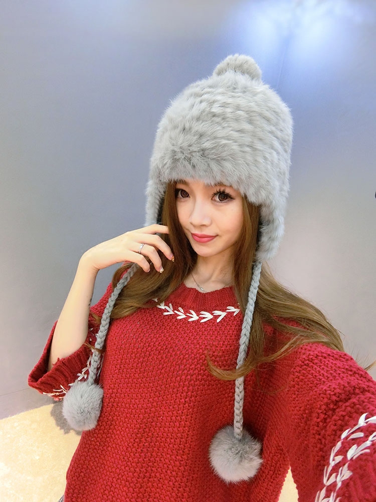兔毛帽子女冬天 甜美可爱 韩版皮草帽子护耳帽时尚女帽兔毛帽辫子