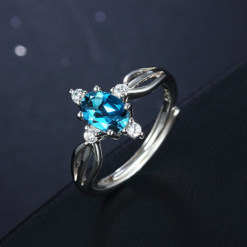 小肥珠宝 天然伦敦蓝托帕石戒指女925纯银宝石戒指创意女性指环