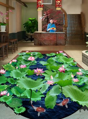 池塘荷花金鱼3d地画高清油画布UV打印制作餐厅3d立体地贴画耐踩画