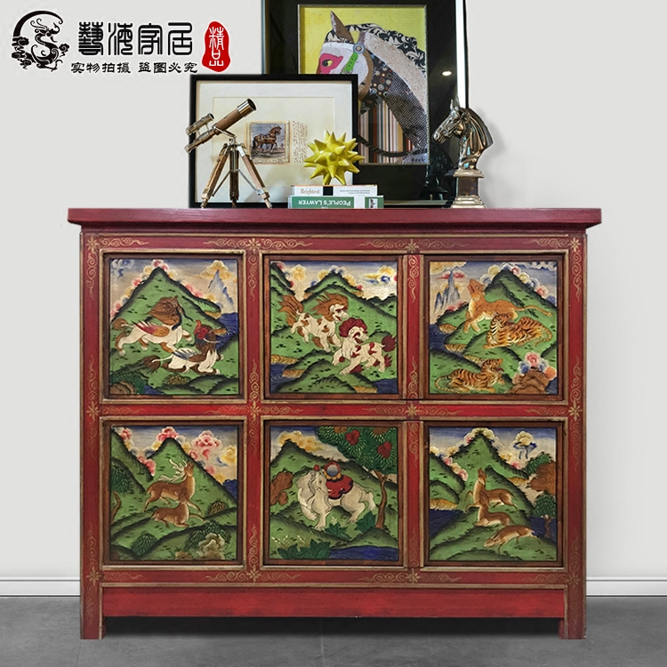 艺海中式仿古做旧家具西藏彩绘实木餐边柜装饰柜厂家直销可定制