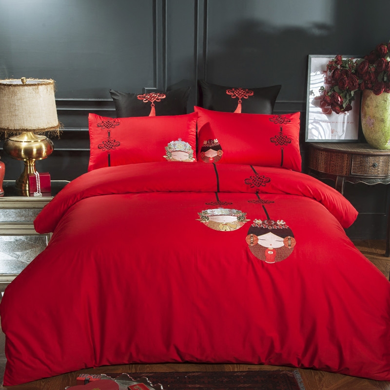 Bright red Cartoon Embroidery Jubilation Wedding family of four Wedding gift Double Bedclothes Embroidered linens Quilt coverin the Bedclothes , Bedding Sets/Family of four/Multiple sets of  category - from Buy2taobao.com to provide professional Taobao agent buy service