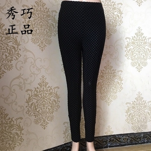 秀巧正品弹力丝绒薄款格子打底裤7024黑色紧腿裤松紧有大码舒适