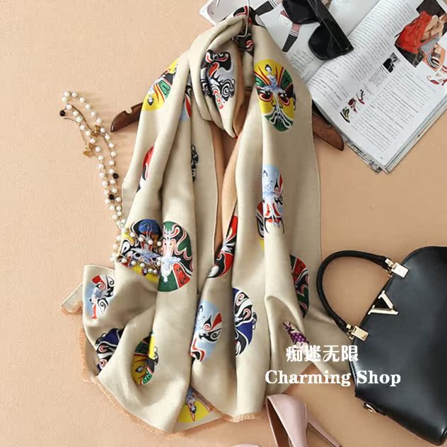 秋冬季羊毛围巾女羊绒丝巾高档新款民族风 长加厚保暖大披肩两用