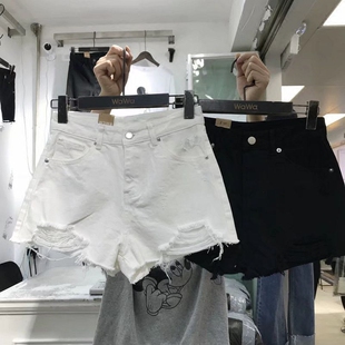 wawa夏季女装破洞毛须边白色牛仔短裤百搭高腰显瘦休闲阔腿裤热裤
