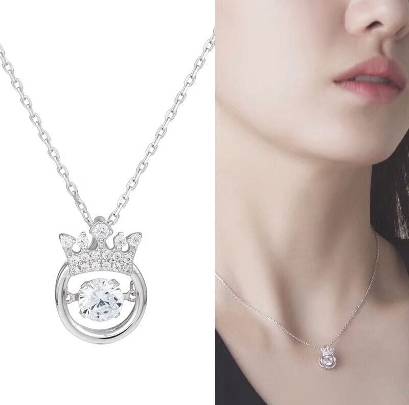 s925纯银灵动心动项链皇冠锁骨链女简约心跳动的心项链韩潮不掉色