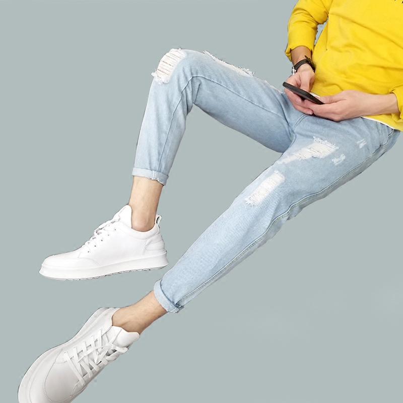 浅色破洞牛仔裤男修身小脚九分裤男士夏季9分刮烂乞丐裤子韩版在类目 男装, 牛仔裤中 - 来自Buy2taobao.com提供专业的淘宝代购服务