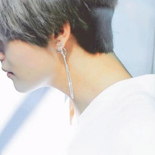 BTS防弹少年团周边 V金泰亨DNA MV同款925银耳钉双环链条耳环饰女