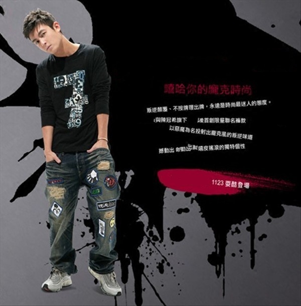 贴章破坏长裤纽扣水洗四季牛仔裤