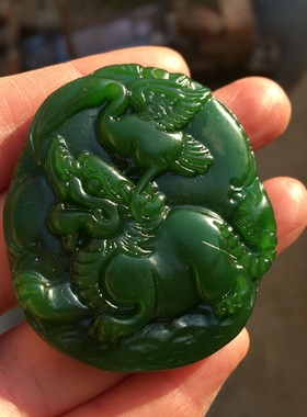 外蒙料菠菜绿仙鹤玉佩证书吊坠