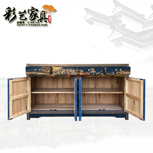 新中式电视柜仿古彩绘实木餐边柜入户门厅储物柜古典装饰柜玄关柜