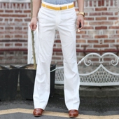 男修身 长裤 英伦白色直筒阔脚西裤 免烫休闲大脚裤 韩版 商务微喇叭裤