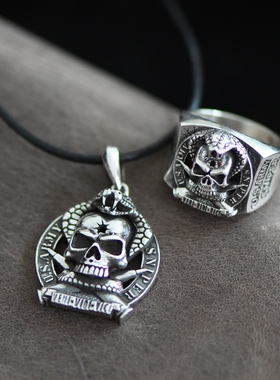 眼镜蛇泰国骷髅纯银吊坠戒指