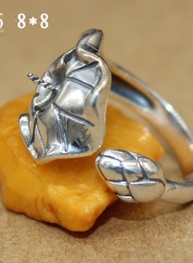 纯银蜜蜡蓝珀戒指空托