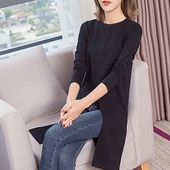 长袖 t恤女打底衫 显瘦纯棉前中开叉外搭上衣潮 2019早春秋季 中长款