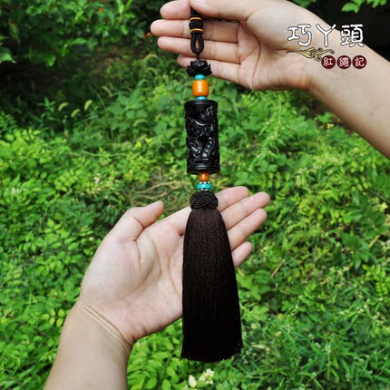 手工制作黑檀木盘龙柱莲花车挂高档汽车后视镜流苏保平安挂件