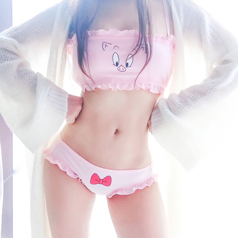 茶小啾软妹内衣套装小可爱日系贫乳少女卡通发育期小背心抹胸文胸(非品牌)