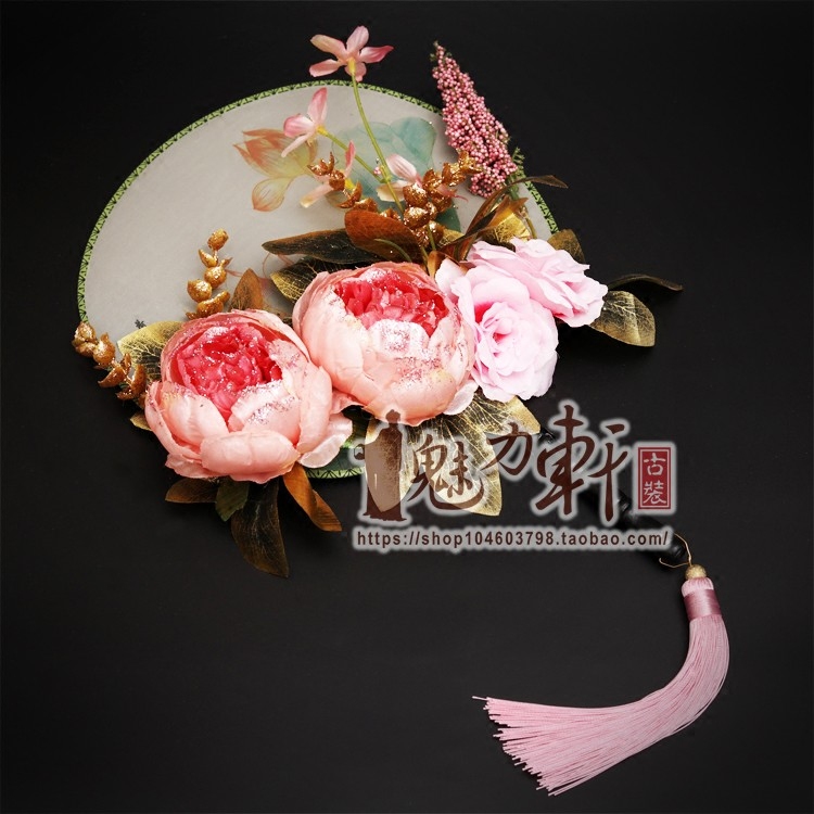 粉色立体牡丹花团扇圆扇子手工扇子新娘手捧花配秀禾服婚庆喜庆扇