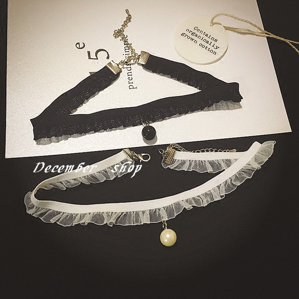 超美原宿复古黑白蕾丝女项圈珍珠