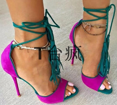 拼色超高跟鱼嘴系带流苏绿色女鞋