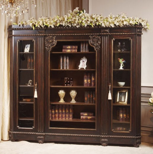欧式实木雕花书柜新古典复古四门书橱大户型书房储物展示柜古董柜
