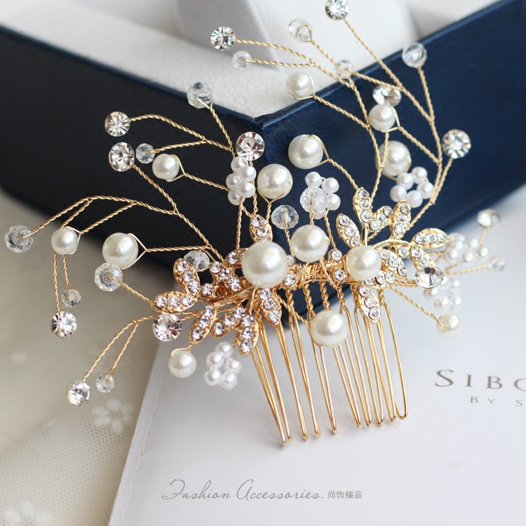 2019新款手工新娘頭飾金色發插梳歐美高檔水鑽珍珠結婚禮服配飾品在類目 服飾配件/皮帶/帽子/圍巾, 婚紗禮服配件, 新娘頭飾中 - 來自Buy2taobao.com提供專業的淘寶代購服務