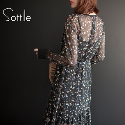 印花雪纺连衣裙2018春新款女夏沙滩裙chic碎花