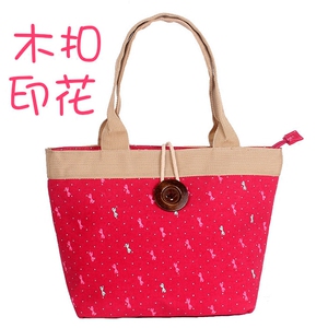 木纽扣帆布包大容量单肩包印花布艺上班包女生购物包袋简约休闲包