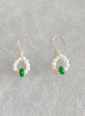 手工999纯银足银耳钩天然小珍珠玉耳环绿色翡翠玉小耳坠防过敏女