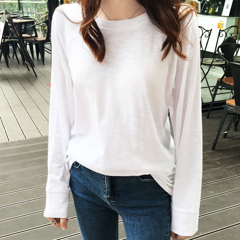 韩国2025新款纯色竹棉t恤女长袖打底韩版纯棉宽松竹节棉打底衫潮