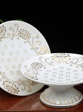 描金浮雕陶瓷水果观音供盘佛具