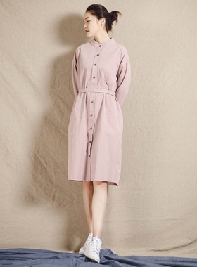 文艺收腰显瘦棉麻衬衫连衣裙秋装2017新款女长袖a型衬衫裙中长款
