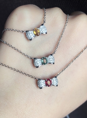 925纯银彩色蓝宝石蝴蝶结项链